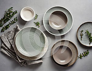 Empty plates on table flat lay. ai generated