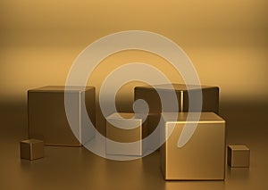 Empty podium on gold color background with box stand concept product shelf standing 3D rendering