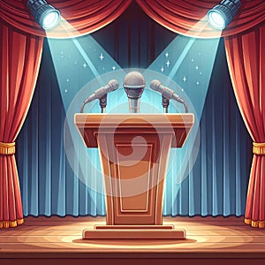 Empty podium with microphones on a illuminated stage.