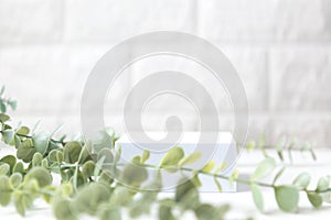 Empty podium or pedestal with chamomile green leaves on a white brick background.