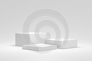 Empty podium or pedestal display on white background with box stand concept. Blank product shelf standing backdrop. 3D rendering photo