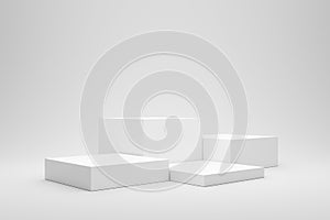 Empty podium or pedestal display on white background with box stand concept. Blank product shelf standing backdrop. 3D rendering photo