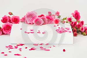 Empty podium with  rose flowers on white background
