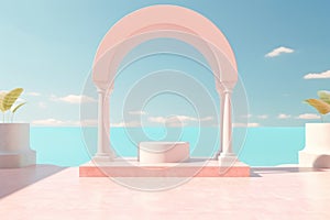 Empty podium on tropical beach background. Generative ai