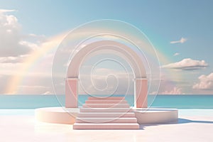 Empty podium on tropical beach background. Generative ai