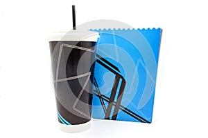 Empty popcorn bucket and paper cup isolated on a white background.