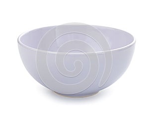 Empty porcelain bowl, gentle light violet tone, isolated on white background