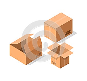 Empty postal cardboard boxes vector icon set