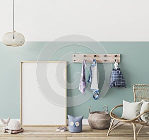 Empty poster frame in kids room interior. Frame mockup unisex children room design