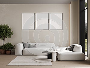 Empty poster frames on beige wall in living room interior with modern furniture and big window, gray sofa, loft, 3d render