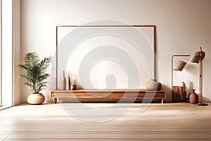 Empty poster mock up on the wall. Modern living room interior. Wooden floor and stylish furniture