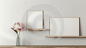 Empty Poster And Pink Flower On Wooden Shelf Mockup photo