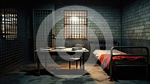 An empty prison cell with a bed and a table