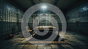 An empty prison cell with a bed and a table