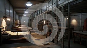 An empty prison cell with a bed and a table