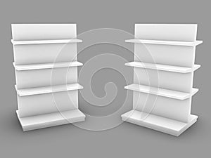 Empty Product Stands For Supermarket., Empty Displays With Shelves Products On White Background Isolated. Retail shelf., 3D