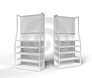 Empty Product Stands For Supermarket., Empty Displays With Shelves Products On White Background Isolated. Retail shelf.,display