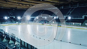 Empty Professional Ice Hockey Arena with Turned on Shining Lights. Big