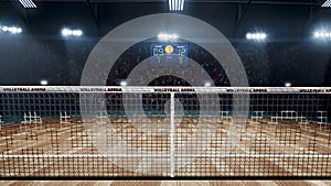 Empty professional volleyball court in lights