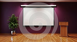 Empty projection screen and podium in a modern conference room setting