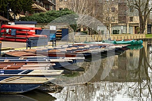 Empty Punts on the river Cam, in Cambridge