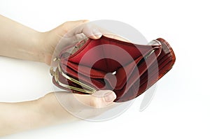 An empty purse in his hands