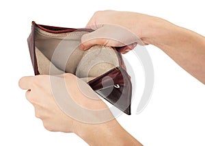 An empty purse in his hands