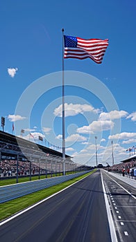 Empty race track with American flag fluttering against sunny sky. Concept of motorsport, tournament