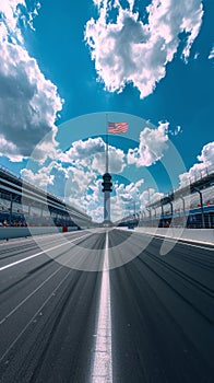 Empty race track with American flag fluttering against sunny sky. Concept of motorsport, tournament