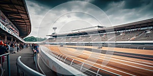 Empty racing track and crowd of people on grandstands. Generative AI
