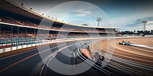 Empty racing track and crowd of people on grandstands. Generative AI