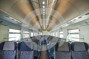 Empty rail passenger carriage seat rows with dimishing perspective