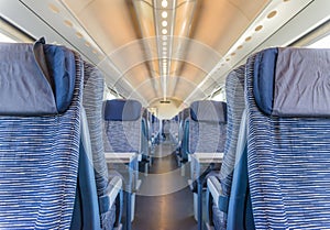 Empty rail passenger carriage seat rows with dimishing perspective