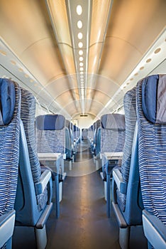 Empty rail passenger carriage seat rows with dimishing perspective