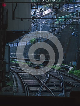 Empty railroad in a dark city setting. Japan
