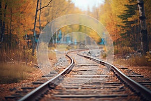 empty railroad track winding through a forest