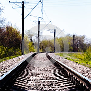 Empty Railroad Tracks with electric pole in forest at sunny summer day