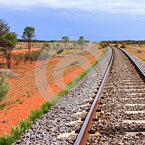 Empty railway through Australian outback. Central Australia