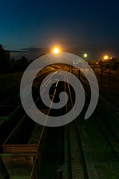 Empty railway wagons for cargo transportation top view. A place for storage, repair and maintenance of freight railcars. Logistics