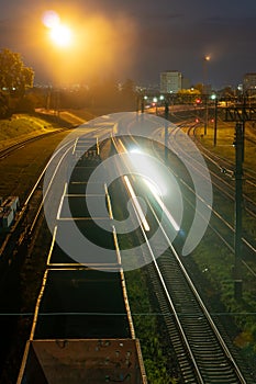 Empty railway wagons for cargo transportation top view. A place for storage, repair and maintenance of freight railcars. Logistics