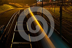 Empty railway wagons for cargo transportation top view. A place for storage, repair and maintenance of freight railcars. Logistics