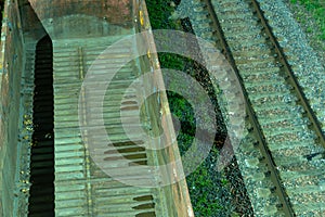 Empty railway wagons for cargo transportation top view. A place for storage, repair and maintenance of freight railcars. Logistics