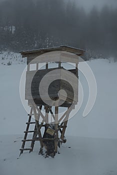 Empty raised hide in a winter forest