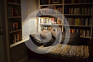 empty reading corner with a small couch and a bookcase filled with books