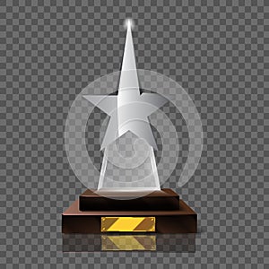 Empty realistic glass trophy statue with empty golden board. Promotional objects mock up.