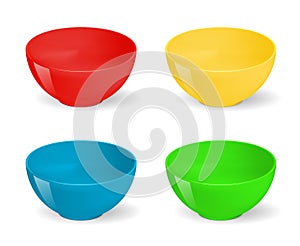 Empty realistic illustration on food bowls. Ceramic kitchen dishware set. Bowl for food, ceramic dishware empty
