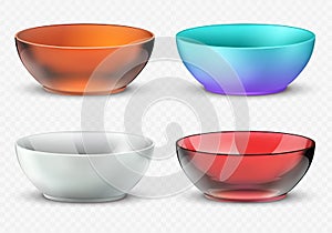 Empty realistic vector food bowls. Plastic, glass and porcelain kitchen dishware set