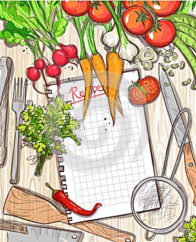 Empty recipe list frame with healthy organic vegetables and kitchen utensil