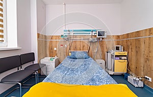 Empty recovery maternity hospital room. Empty modern intensive ward.