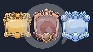 Empty rectangle frames in medieval style for game ui design. Vector cartoon set of user interface elements with golden, bronz...